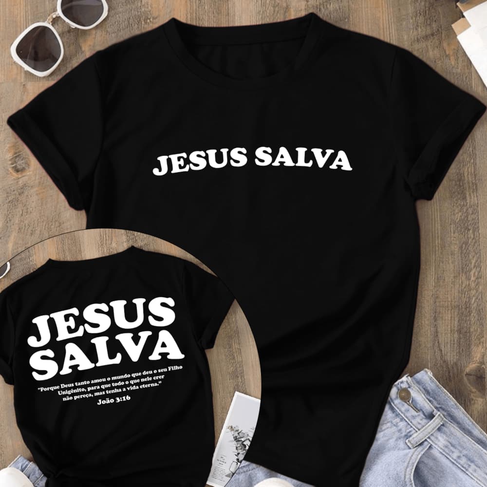Camiseta Feminina Oversized T-Shirt Cristã Plus Size Religiosa Jesus Salva 100% Algodão Envio Rápido