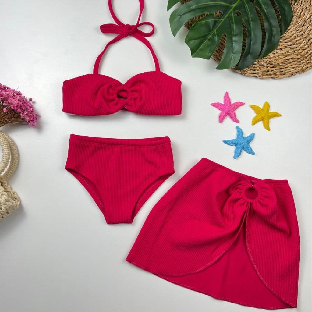Conjunto Moda Praia Infantil Feminino Biquíni Com Saída Estilo Adulto Modinha Praia Estilosa