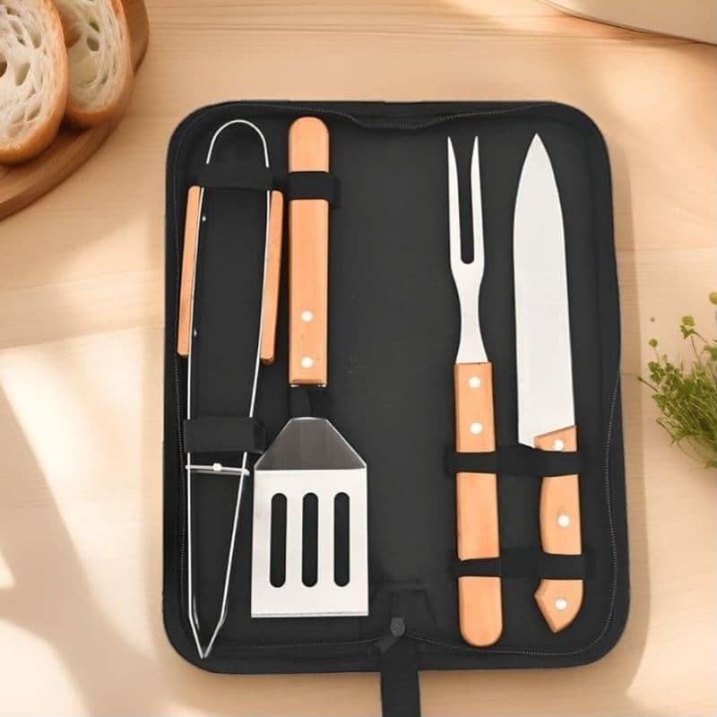 Kit Churrasco 4 Peças Inox Faca Garfo Pegador Espatula - No Estojo