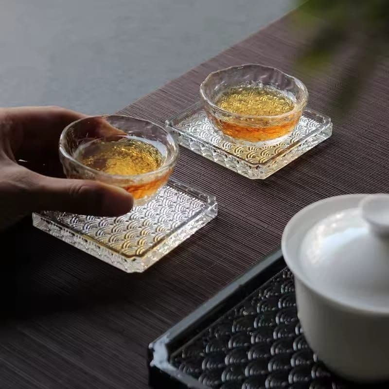 Kit Porta-Copos/Chá Estilo Japonês Redondo E Quadrado 8x8cm Pires De Vidro