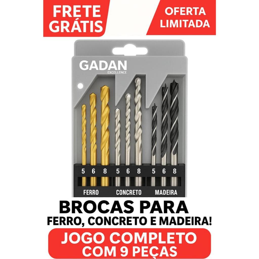 Broca 3 em 1 com 9 Peças para Madeira, Concreto e Metal | Kit Universal para Furadeira