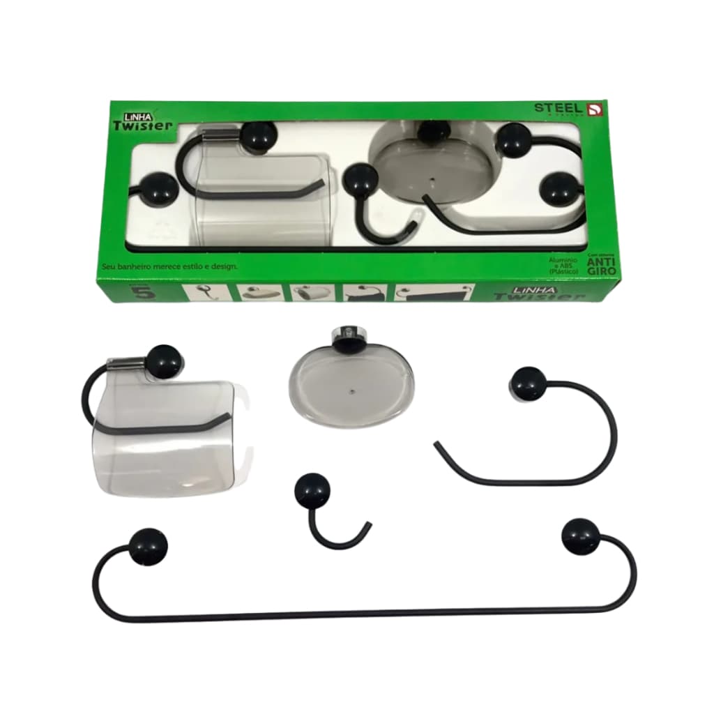 KIT ACESSÓRIOS DE BANHEIRO  PRETO TWISTER STEEL 5 PECAS