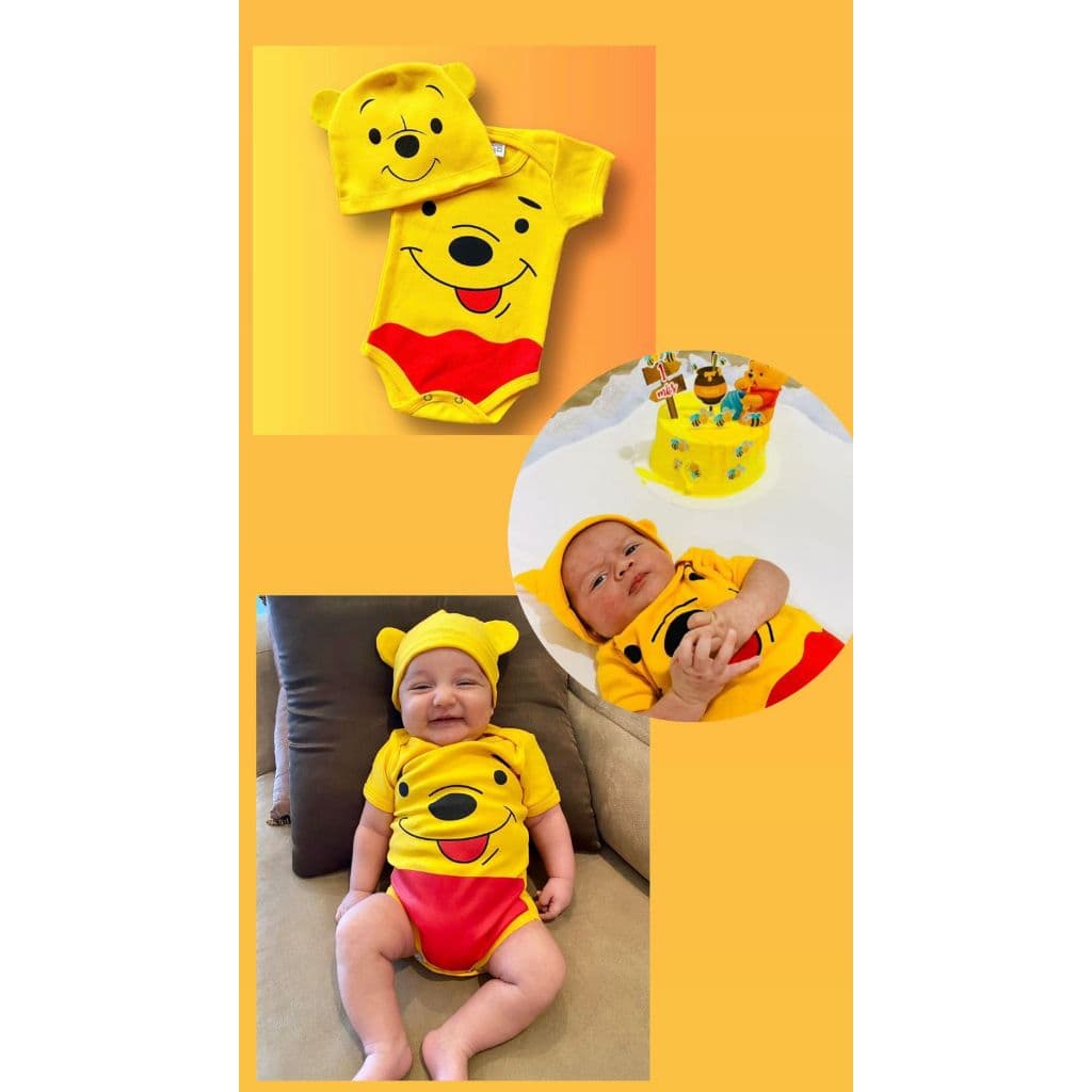 Body Temático para bebê Ursinho pooh Body + Touca Fantasia para bebê Body Unissex Body de Personagem Roupa temática