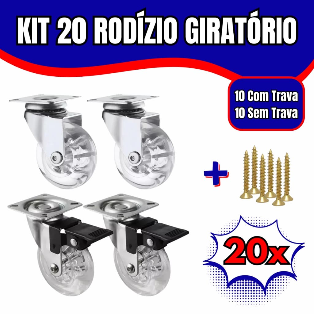 Kit 20 Rodízios Giratórios Silicone 35mm 50mm 75mm 10 Com Trava 10 Sem Trava Parafusos Inclusos