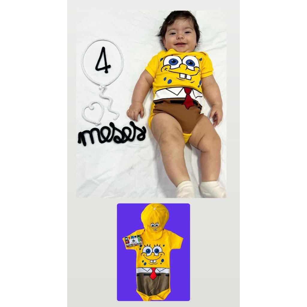Body Temático Bob Esponja Body Para Mesversario Body de Desenho Fantasia Para bebê Body + Boina Roupa Temática
