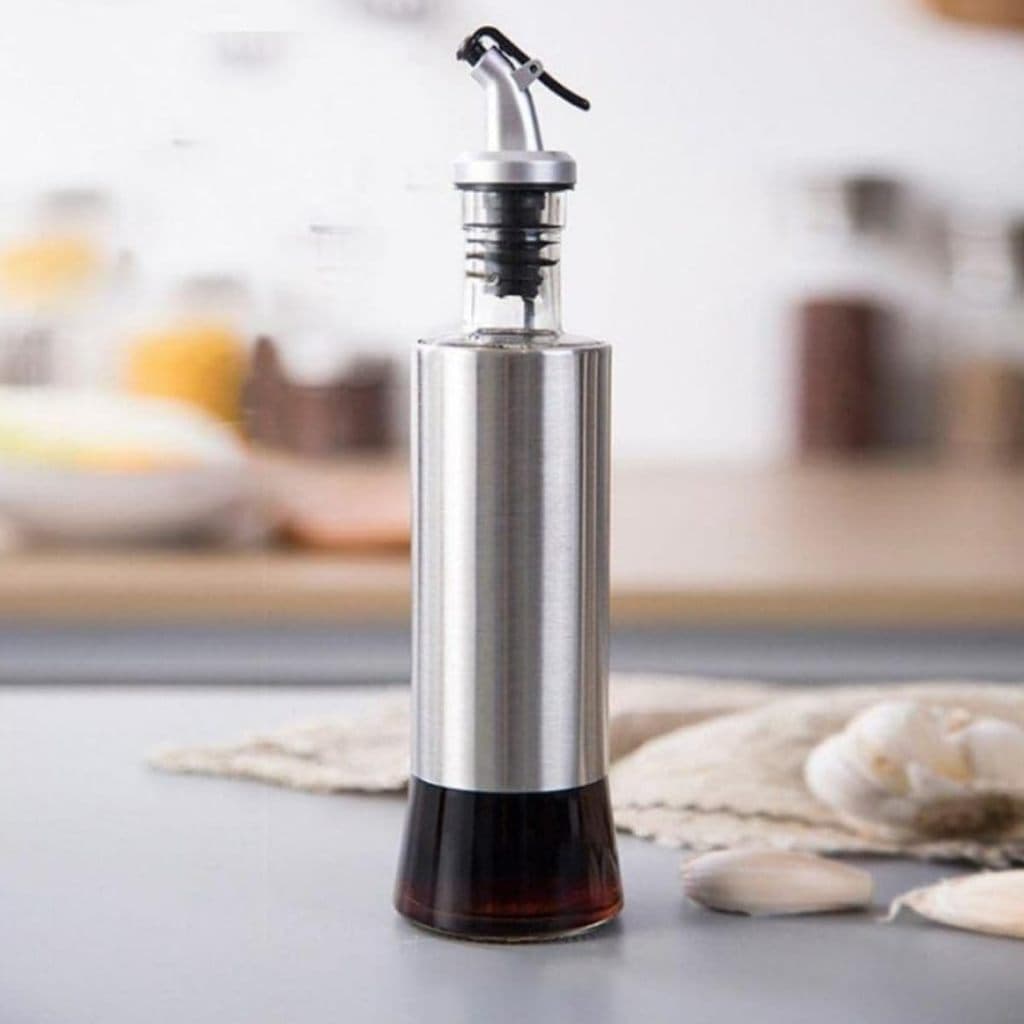 Galheteiro Azeite Vinagre 300m Vidro Aço Inox Temperos Dosador Cozinha Comidas Preservando
