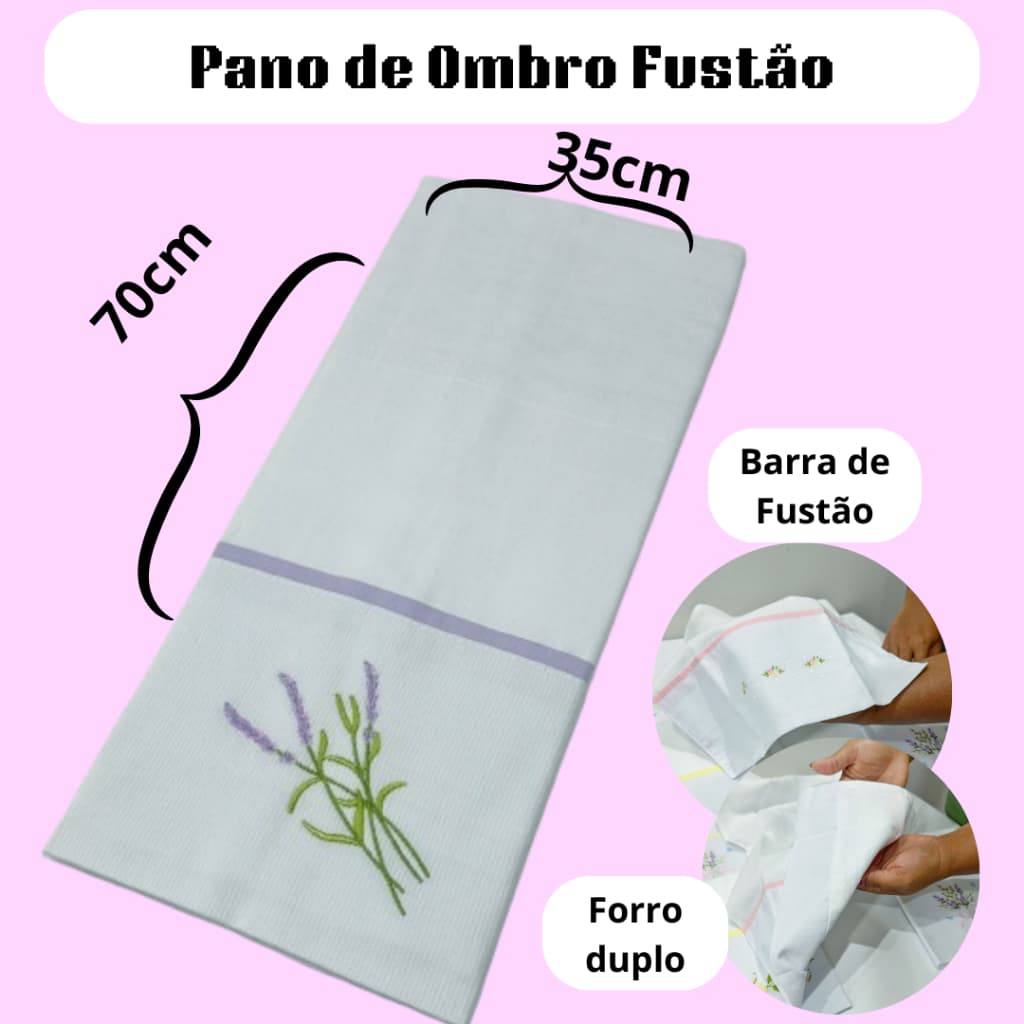 Fralda de pano ombro 70x35cm bordado no fustão  ramo de lavandas lilás duplo