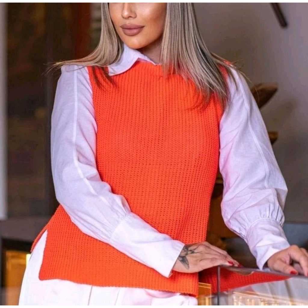 Colete Feminino Max Tricot Fang Tricô Pullover Tendência Inverno Moda Promoção Blogueira Influencer