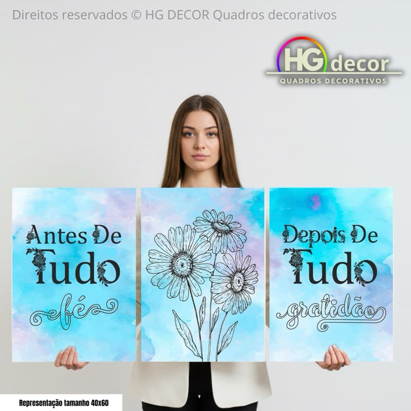 Kit Quadros Fé Gratidão Azul Aquarela – Conjunto Decorativo Floral 3 Peças