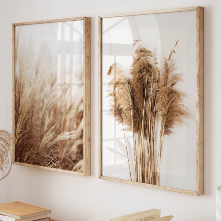 Kit 2 Quadros Decorativos com Moldura Sala Quarto Duo Capim Seco Natureza Neutra Capim Dourado Vidro
