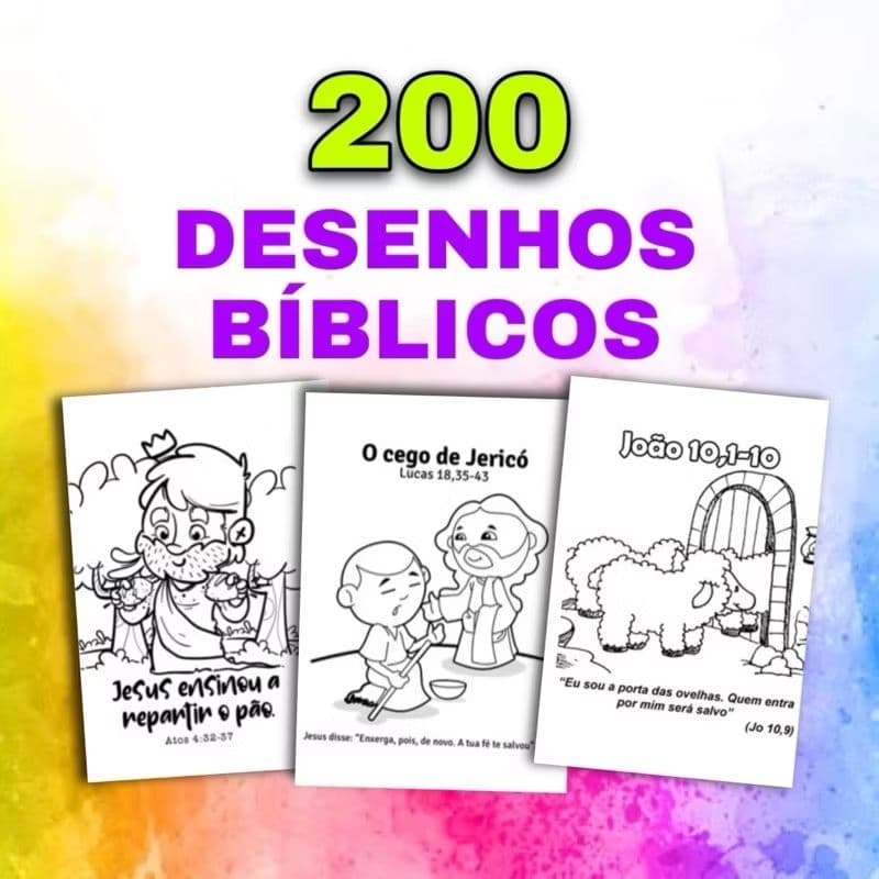 Kit de 200 ou 100 Desenhos Bíblicos para Colorir - Folhas Avulsas A4