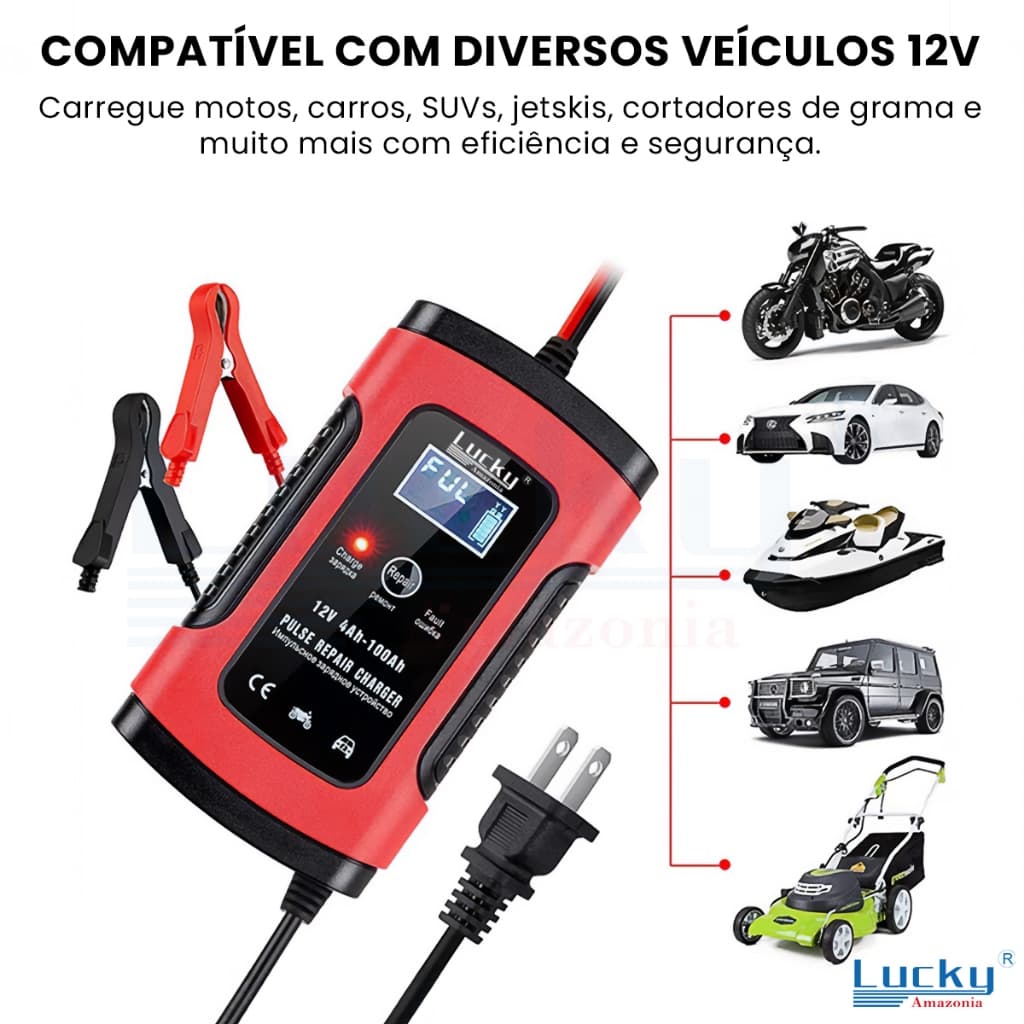 Carregador De Bateria Veicular 12V 5A Digital Inteligente 100Ah Com Função Reparo Moto Carro Jetski