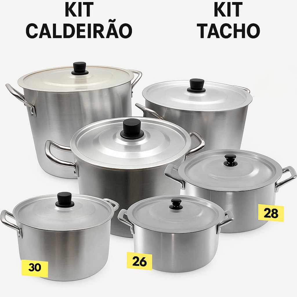 Kit 6 Panelas Grandes (3 Caldeirões + 3 Tachos) | Uso Profissional | Grande Capacidade