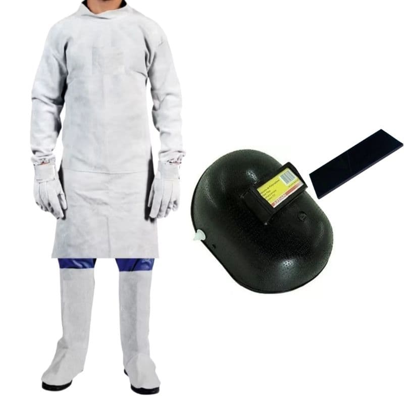 Kit completo para soldar, barbeiro, perneira em raspa, luvas, máscara de solda e lente escura