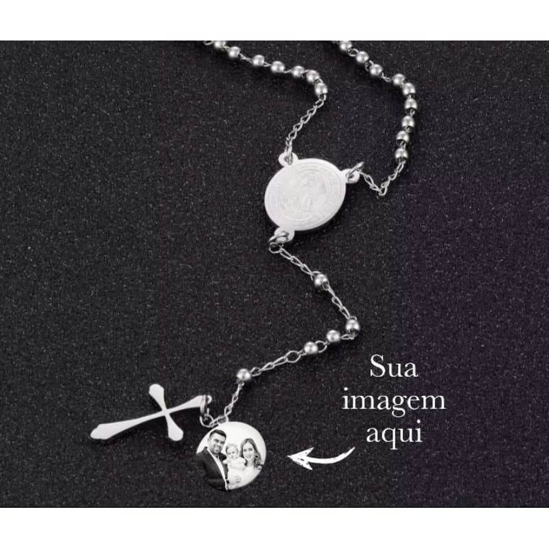 Colar Cordão Corrente Terço Personalizado aço inox Imagem Foto Ou escrita Masculino Feminino Rosário
