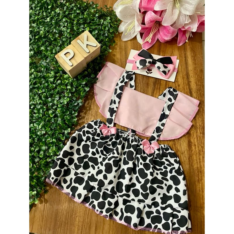 Romper Vestido jardineira Bebê Menina Fantasia Vaquinha Temática Fazendinha Mesversário Meu Tetê  Book fotográfico