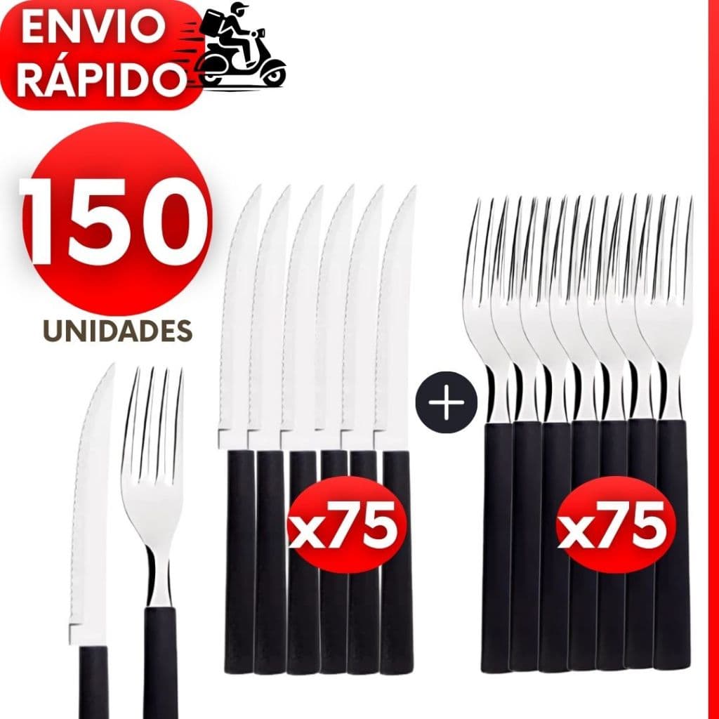 Kit 150 90 ou 60 Talheres Garfos Facas de Inox Cabo Preto para Churrasco Jantar Bares e Restaurante