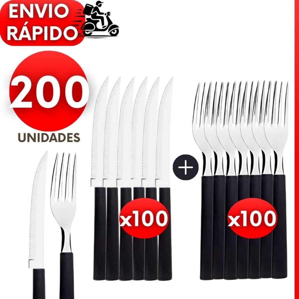 Kit 200 100 ou 50 Talheres Garfos Facas de Inox Cabo Preto para Churrasco Jantar Bares e Restaurante