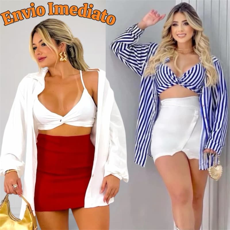 Conjunto  Feminino Camisa Chamise E Cropped Com Tira de Amarração Camisa de Manga Longa Moda Casual Feminina