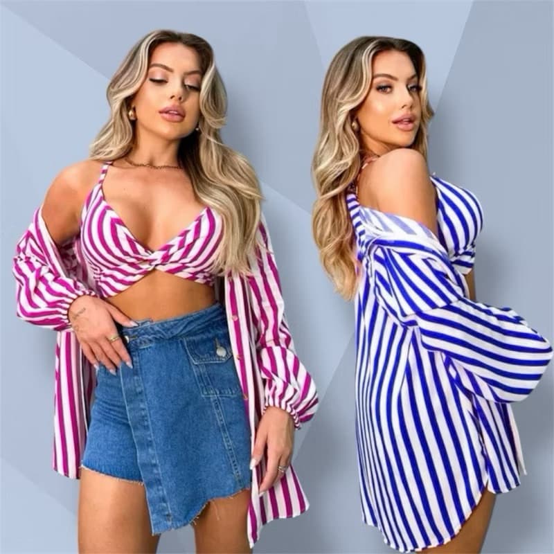 Camisa Conjunto Feminino Com Crooped , Camisa Chamisa , Camisão Manga Longa Listrada e Liso
