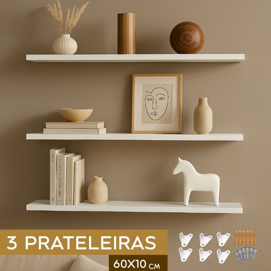 kit jogo de  3 prateleira de mdf branco largura 10cm comprimento 60cm 100% Mdf