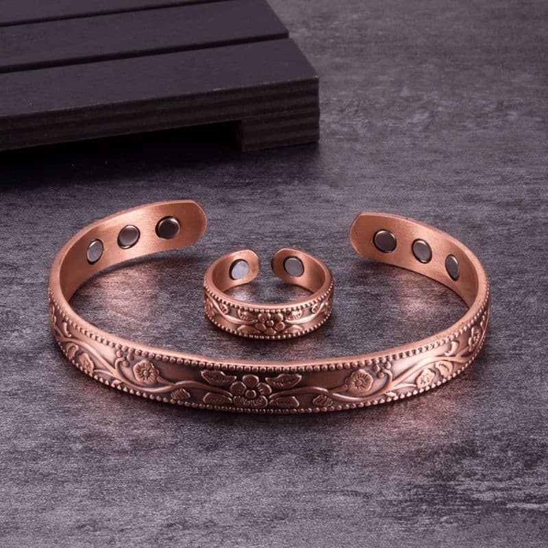 Pulseira Bracelete Com Anel Magnetico de Cobre Puro 100% Modelo Florido Unissex