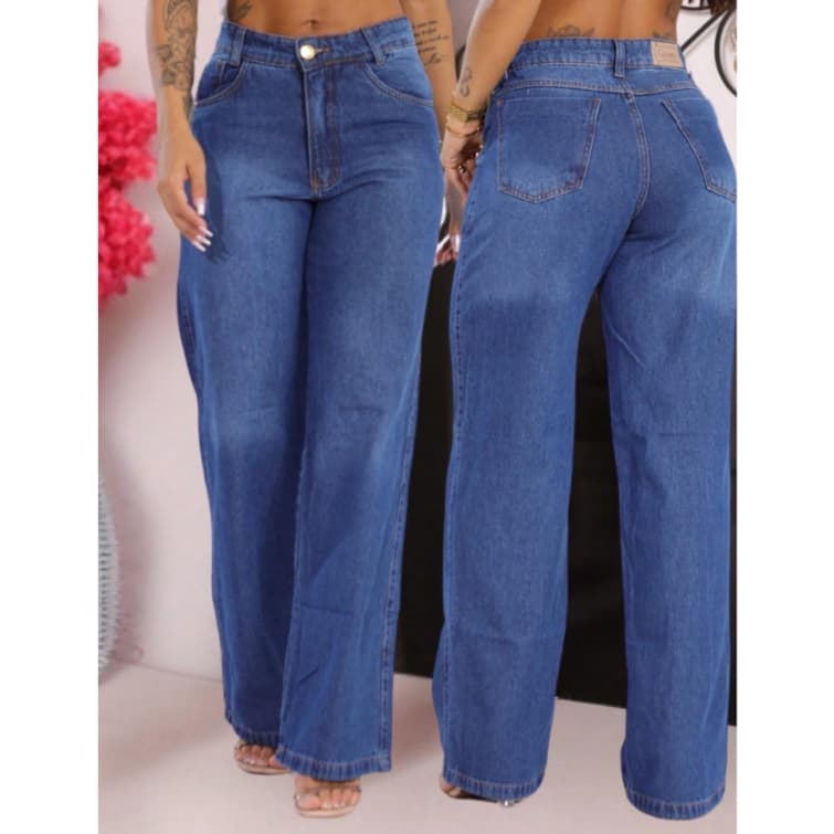 Calça Jeans Wide Leg Feminina Azul Médio Cintura Alta Confortável, Moderna e Estilosa