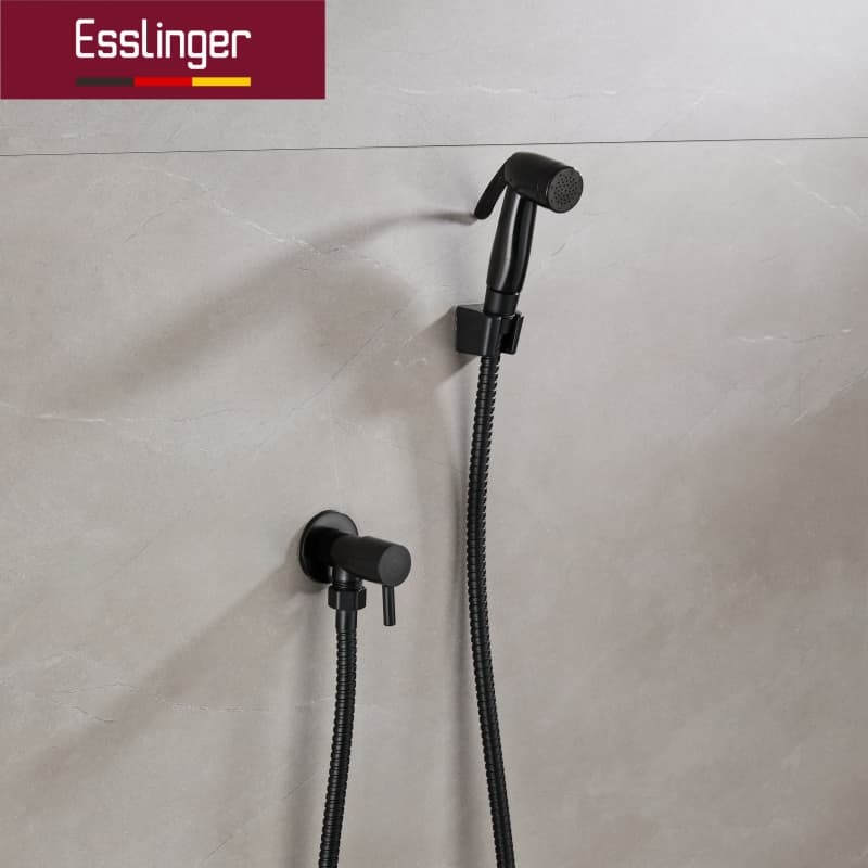 Esslinger Kit Ducha Higiênica Quadrada Preta ABS Aço Inox Registro Metal Mangueira Flexível Banheiro