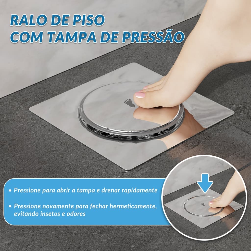 Ralo Piso Quadrado Tampa Pressão Aço Inoxidável Anti Odor Banheiro Cromado Fácil Instalação 15x15cm