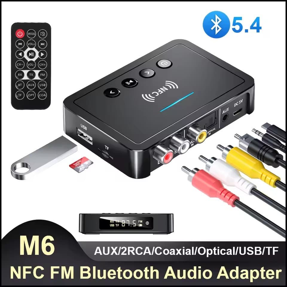 Controle Remoto M6 Bluetooth 5.4 Adaptador Digital Receptor Transmissor Bluetooth 3,5mm AUX/RCA/USB U Disk/Entrada TF
