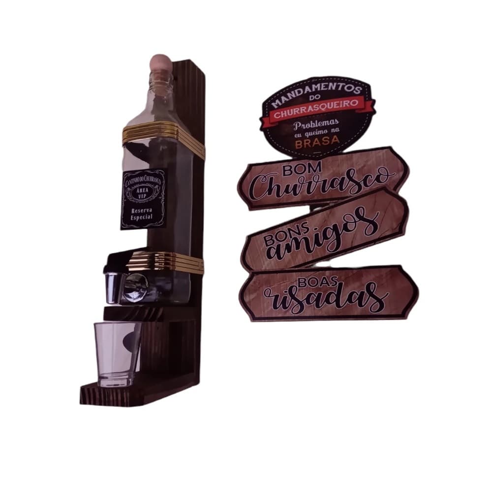 Pingometro Rústico De Parede Madeira Com Placa Decorativa Mandamentos Do Churrasqueiro Copo De Dose