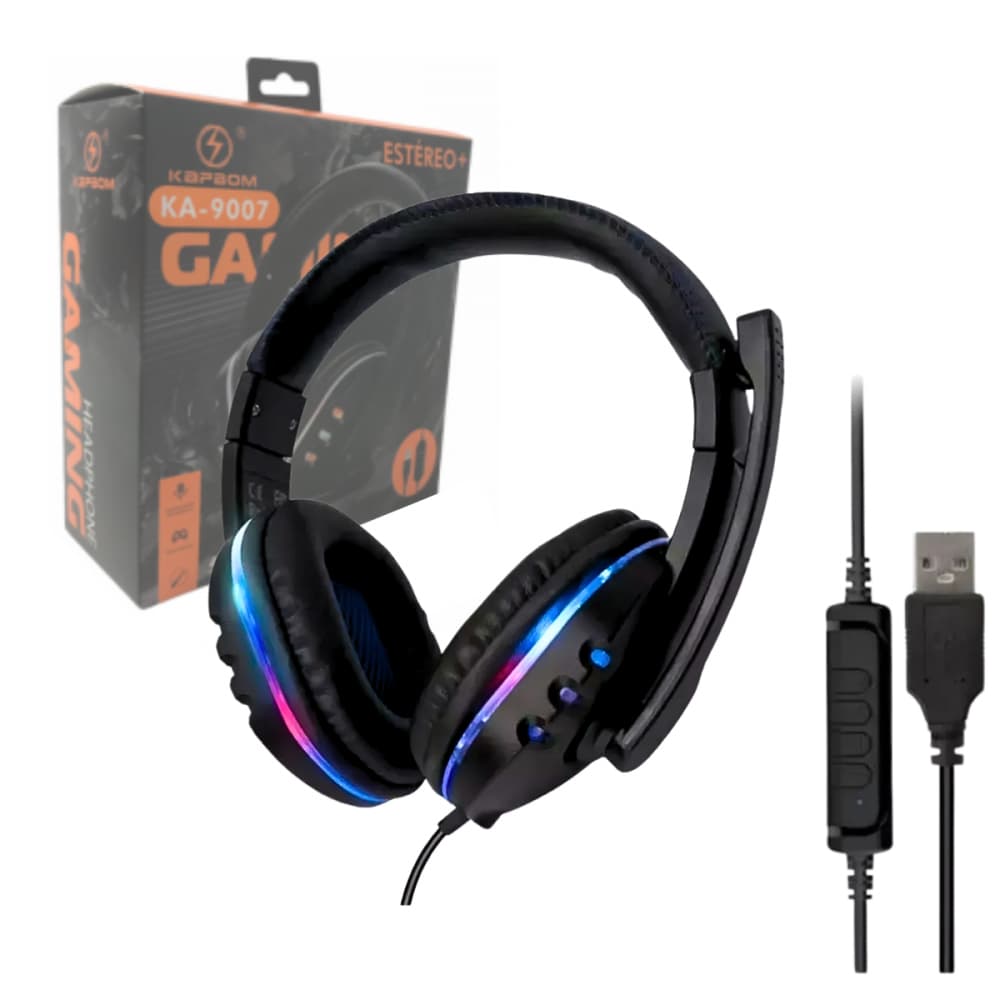 Fone Headset Gamer com Fio e Microfone Estéreo LED Ajustável Conexão USB KA-9007