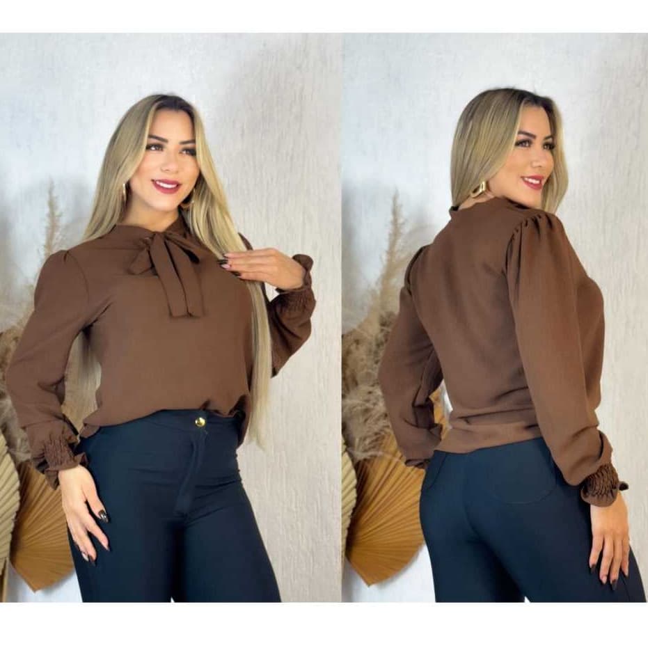 blusa social feminina manga longa gola laço tecido duna lisa elastex  en manga