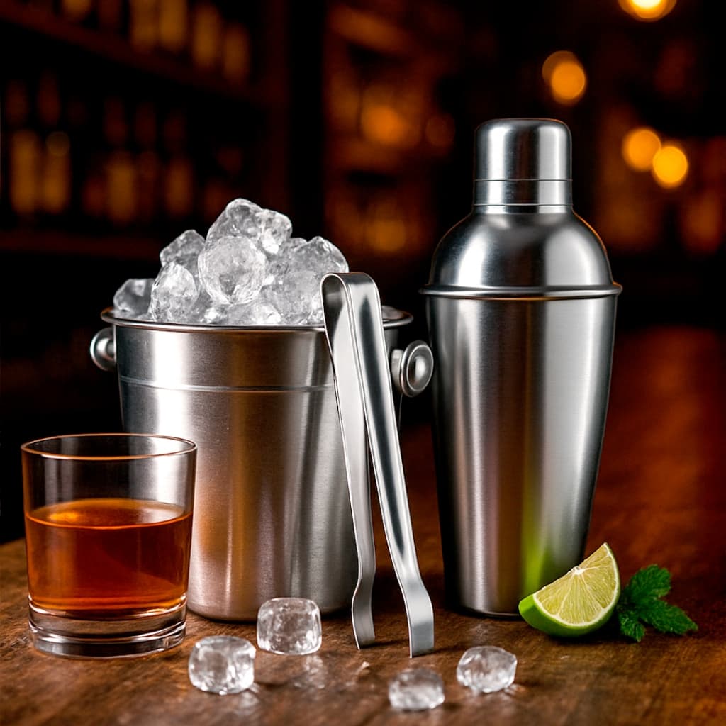 Kit Bar 3 Peças Coqueteleira, Balde e Pegador Inox - Drinks e Caipirinhas Faça Drinks Profissionais