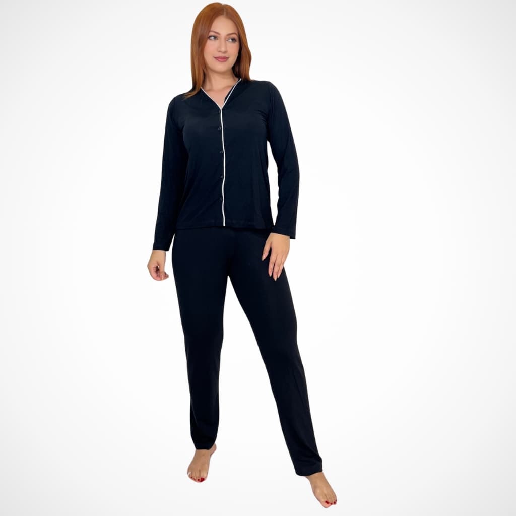 Pijama Feminino Conforto Americano inverno com botões adulto