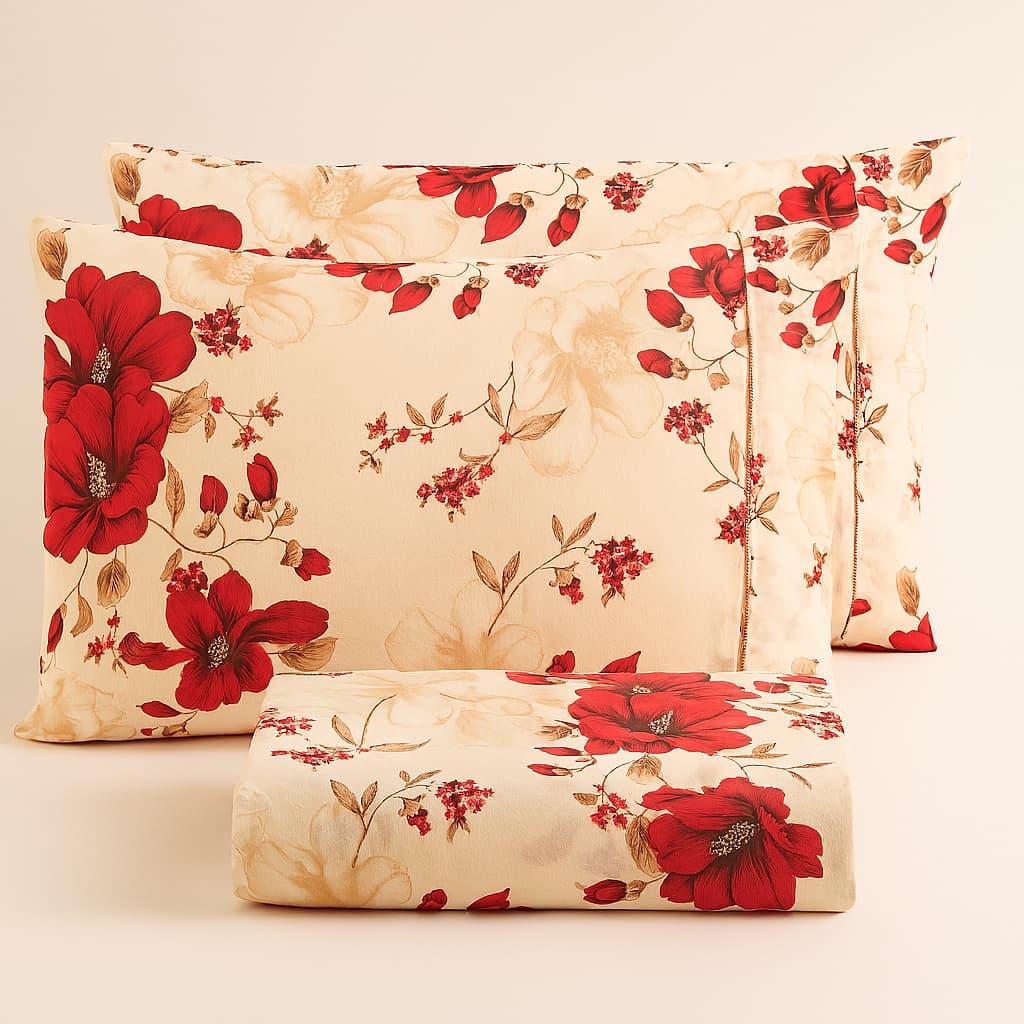 Jogo de Cama CASAL Estampado Ponta Palito com Elástico - 3 Peças Algodão Roupa De Cama