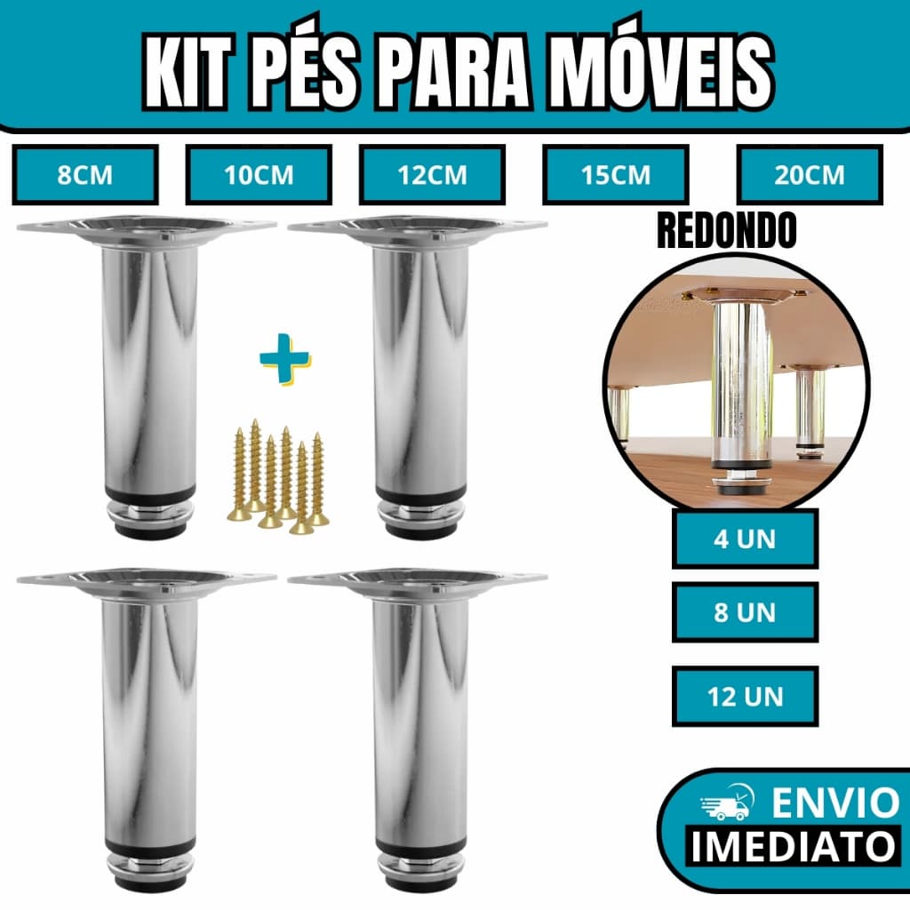 Kit Pés Para Móveis Redondo Cromado - 8cm | 10cm | 12cm | 15 cm | 20cm Com Regulagem Mais Parafuso