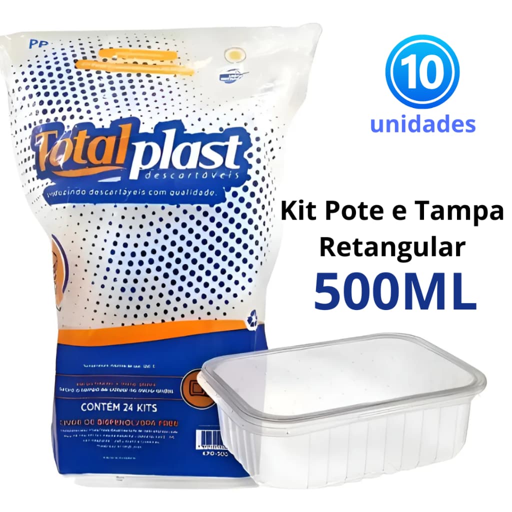 Kit 10 Potes 500ml Retangulares – Marmita Fitness | Micro-ondas & Freezer