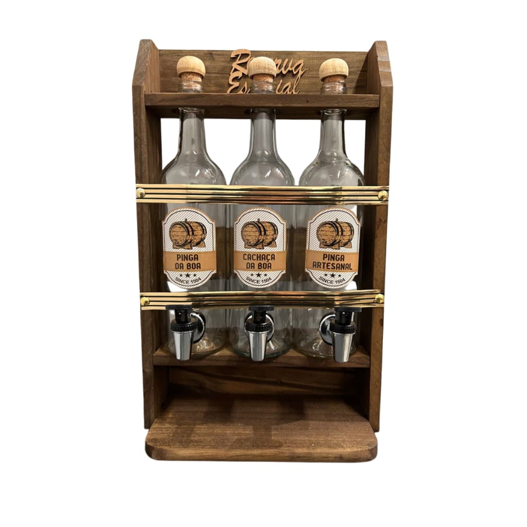 Pingometro 2 ou 3 Garrafas Parede Vidro Madeira Pinus c/ Copo Dose Pinga Artesanal Rustico Bar 1L