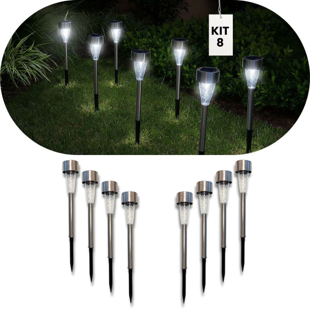 Kit 8 Luminárias Solar Para Jardim 7000k Decoração Luz Fria