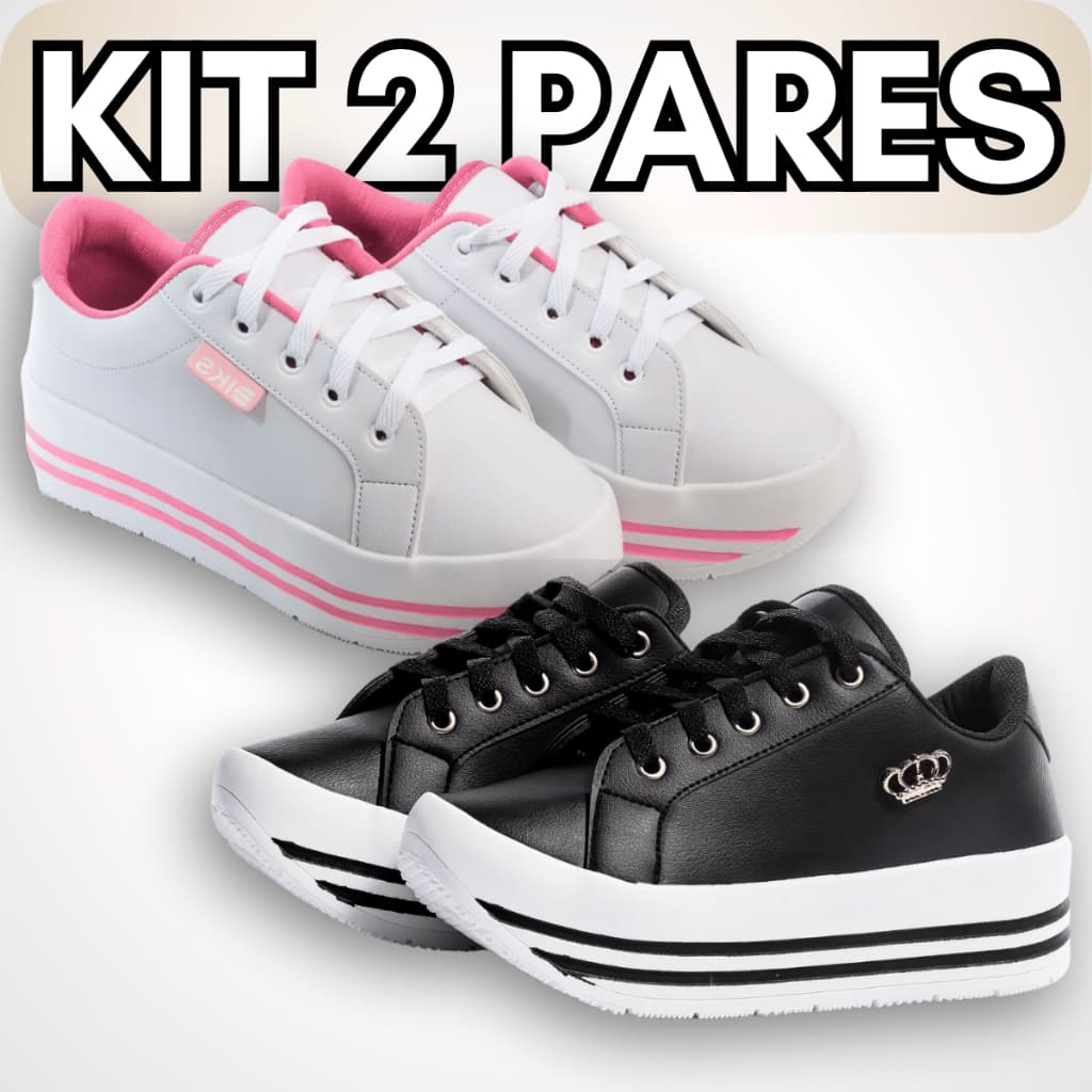 Kit 2Tênis Plataforma Feminino Branco e Rosa Fashion Estiloso Confortável Tamanhos 34 ao 39
