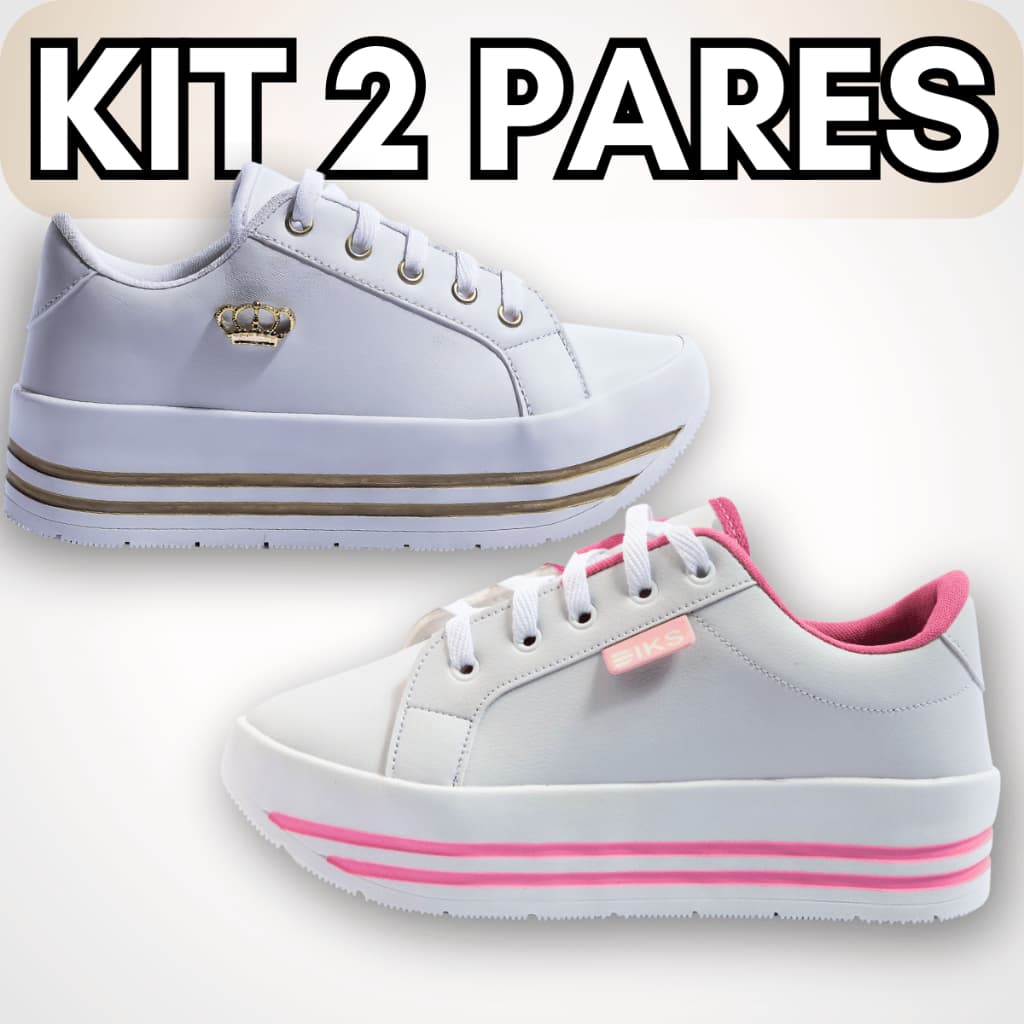 Kit 2 Tênis Feminino Casual Branco com Rosa Para o Dia a Dia ou Passeio Leve e Estiloso Nº 34 ao 39