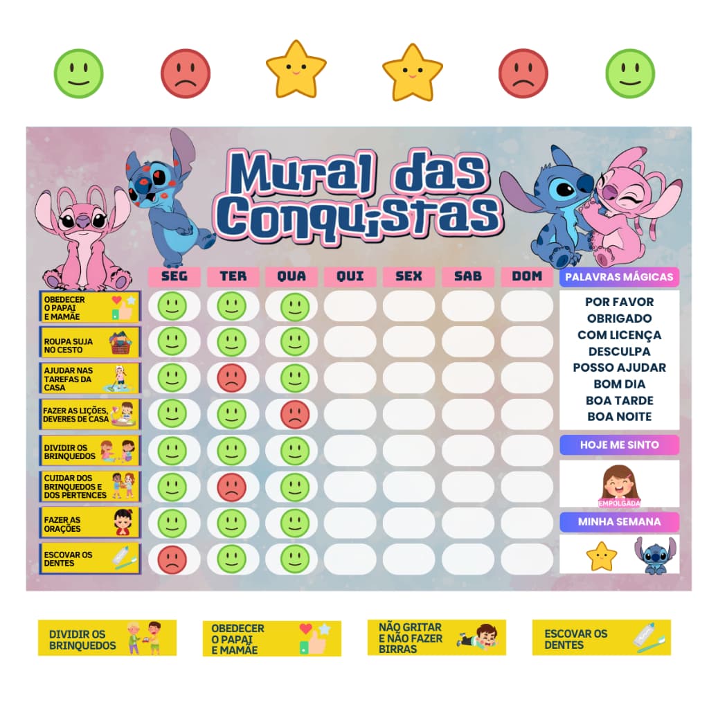 Quadro de Rotina Diária E Tarefas Infantil Tema Lilo & Stitch