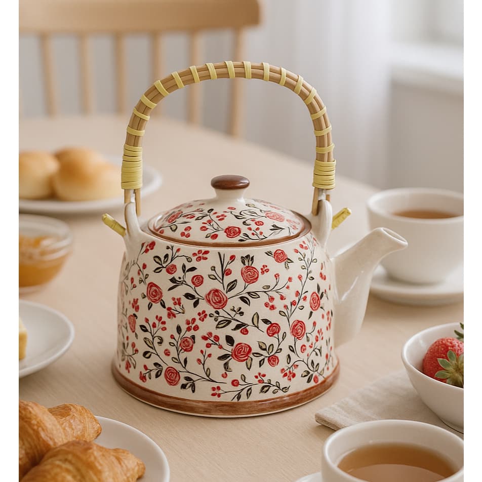 Chaleira Cerâmica 900ml Infusor de Inox (NÃO VAI AO FOGO) Alça de Bambu Chá Leite Agua Estampa Oriental Floral Bule