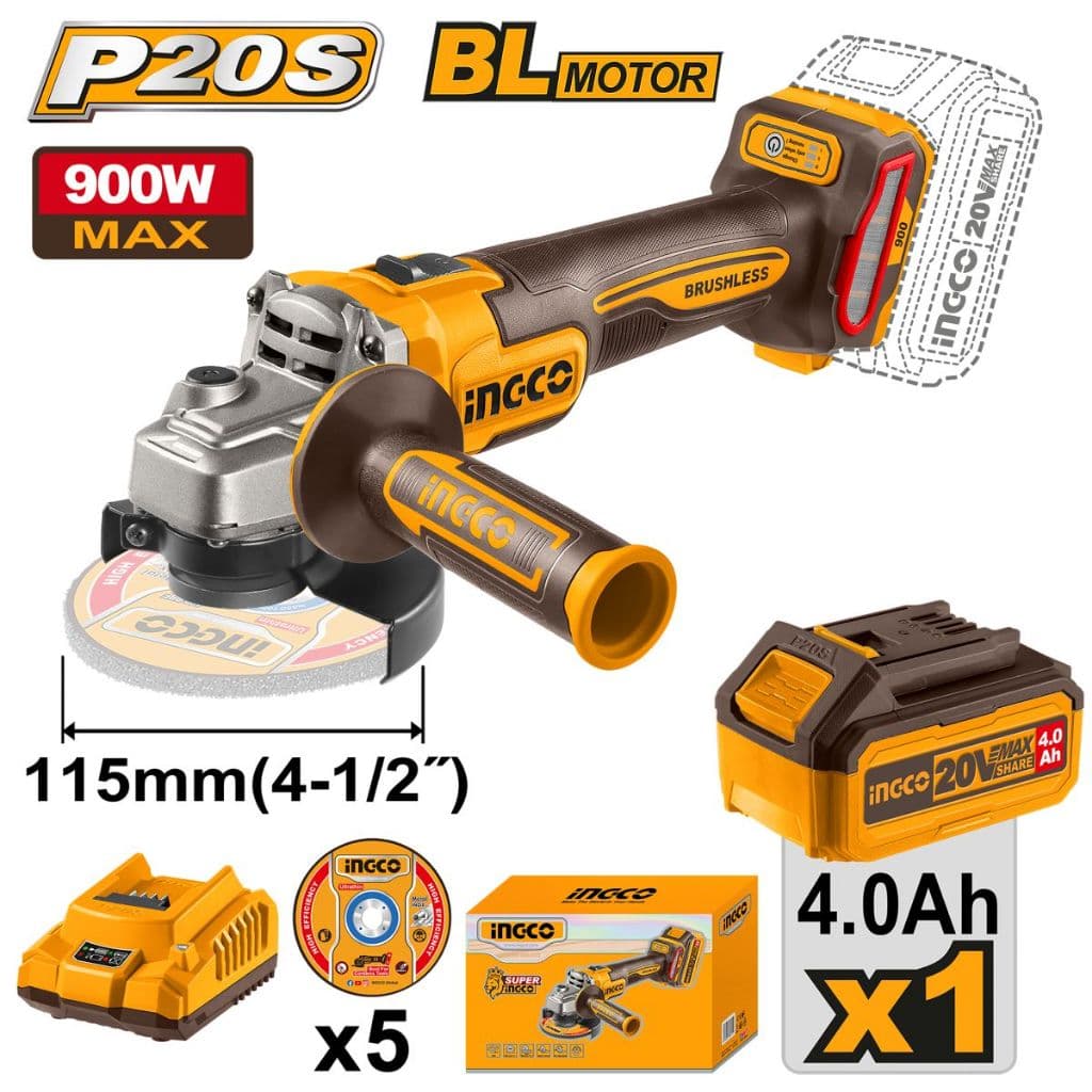 Esmerilhadeira Angular Profissional Sem Fio 4½” Com Bateria 4.0Ah e Carregador Industrial Ingco 20V
