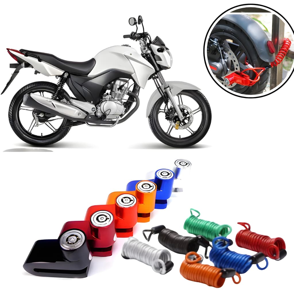 Trava Disco Moto Universal Antifurto Freio 2 Chaves Cabo Lembrete Espiral de Aviso Seguranã Bike