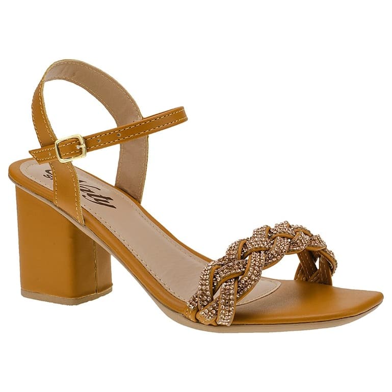 Sandália Feminina Caramelo Strass Salto Alto Grosso Casual Festa Confortável Tamanho Grande Naty Shoes