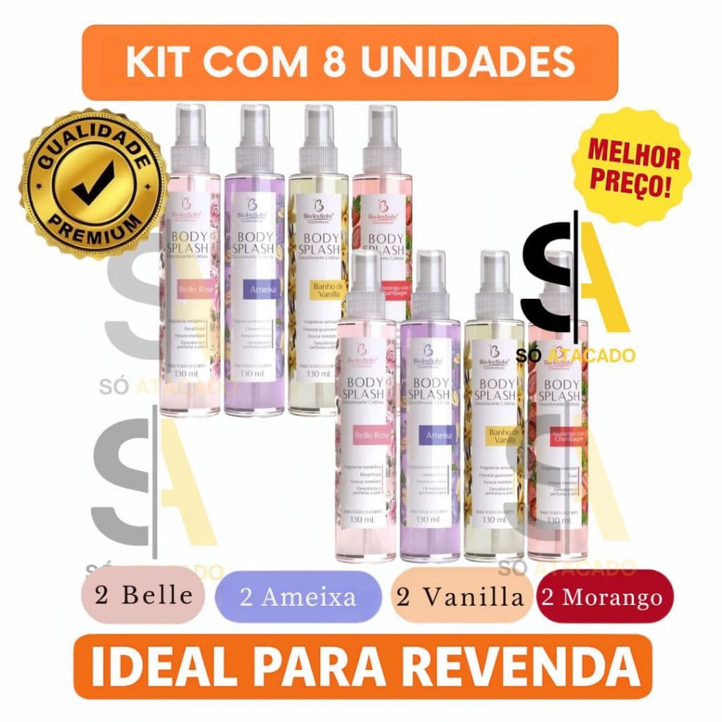 Kit 8 Body Splash Bio Instinto 130ml | Ameixa + Vanilla + Morango com Champagne + Belle Rose