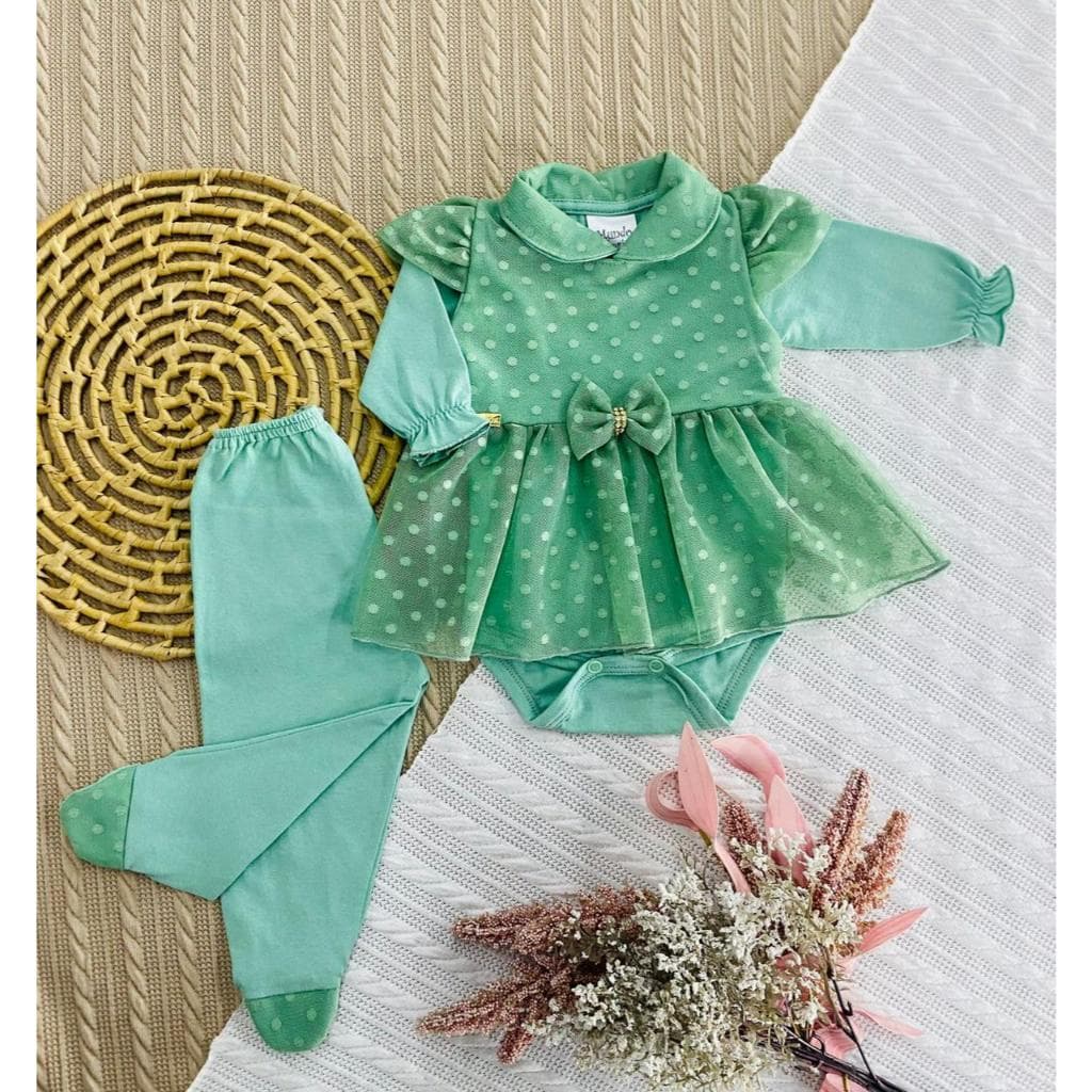 Conjunto Bebê 3 Peças Saída de Maternidade com Vestido Removível – Tamanho P