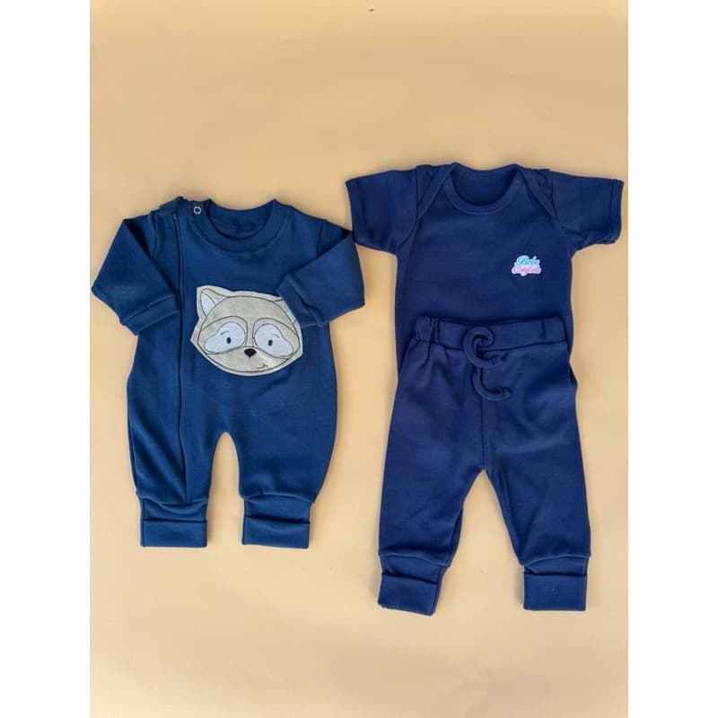 Kit Roupinhas Recém-Nascido 3 Peças – Body, Calça e Macacão em Suedine RN